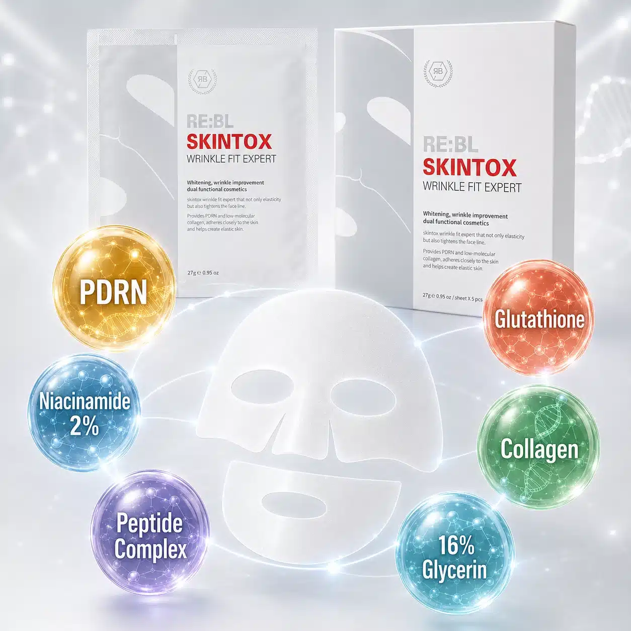 Гидрогелевая маска RE:BL Skintox Wrinkle Fit Expert с PDRN, ниацинамидом 2%, глутатионом, пептидами, коллагеном и 16% глицерина